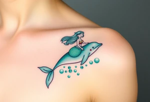 A mermaid riding a dolphin through an enchanted sea, blending deep emerald greens and luminous pearl whites tattoo idea