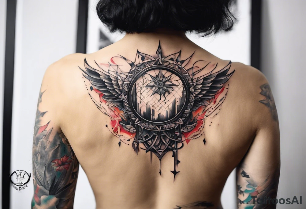 Wide tattoo that appears to be bursting out of the skin, symbolizing freedom with broken chains. The tattoo should be vibrant and dynamic, with bold lines and colors that evoke a sense of liberation and empowerment. The tattoo should be visually striking and thought-provoking. tattoo idea