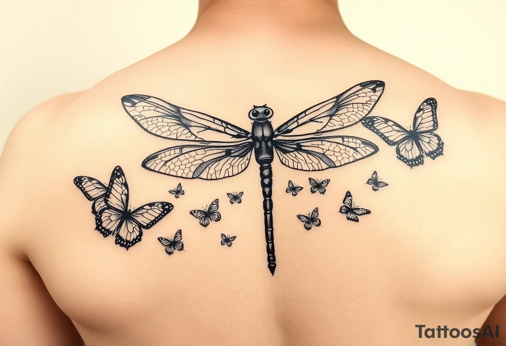 dragonfly surrounded by small butterflies tattoo idea