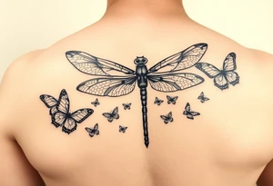 dragonfly surrounded by small butterflies tattoo idea