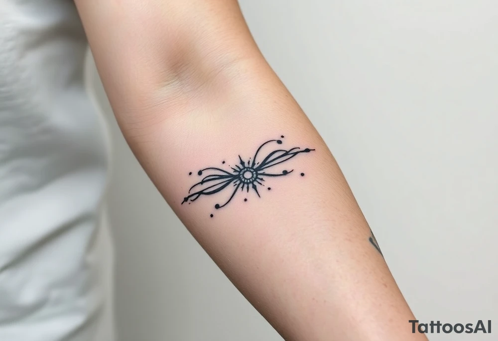 Abstract black line tattoo for a male, inner forearm and elbow area.
Broken, segmented flowing lines, sharp turns, mechanical rhythm, subtle dot accents.
Not delicate, not ornamental, technical and controlled motion.
Black ink only, no shading, photo-accurate tattoo design. tattoo idea