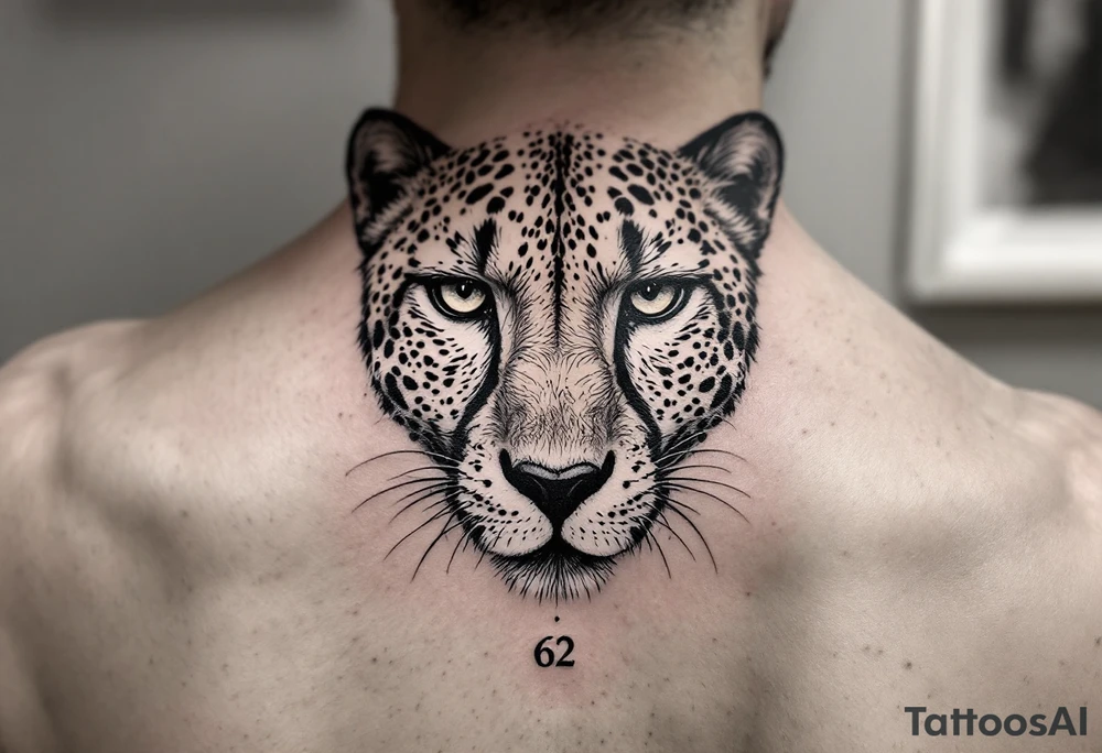 cheetah with the number 62 incorporated in its fur around the dots tattoo idea