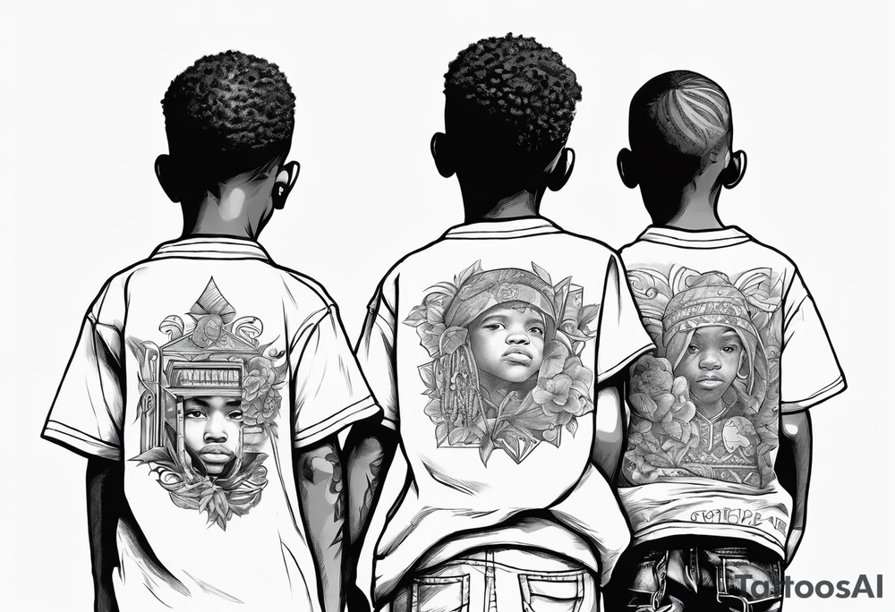 3 black school age brothers walking away together  you can see their full bodies and one is looking to the side showing the side of his face tattoo idea