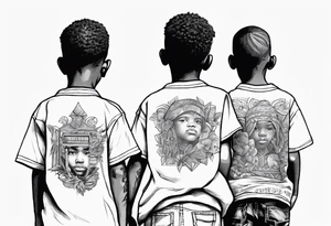 3 black school age brothers walking away together  you can see their full bodies and one is looking to the side showing the side of his face tattoo idea