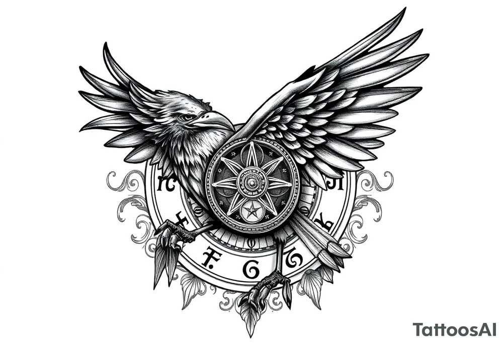 zodiac symbols runes within ornate clockwork mechanism raven tattoo idea