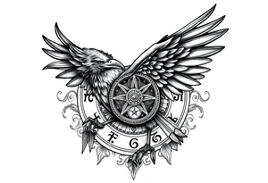 zodiac symbols runes within ornate clockwork mechanism raven tattoo idea