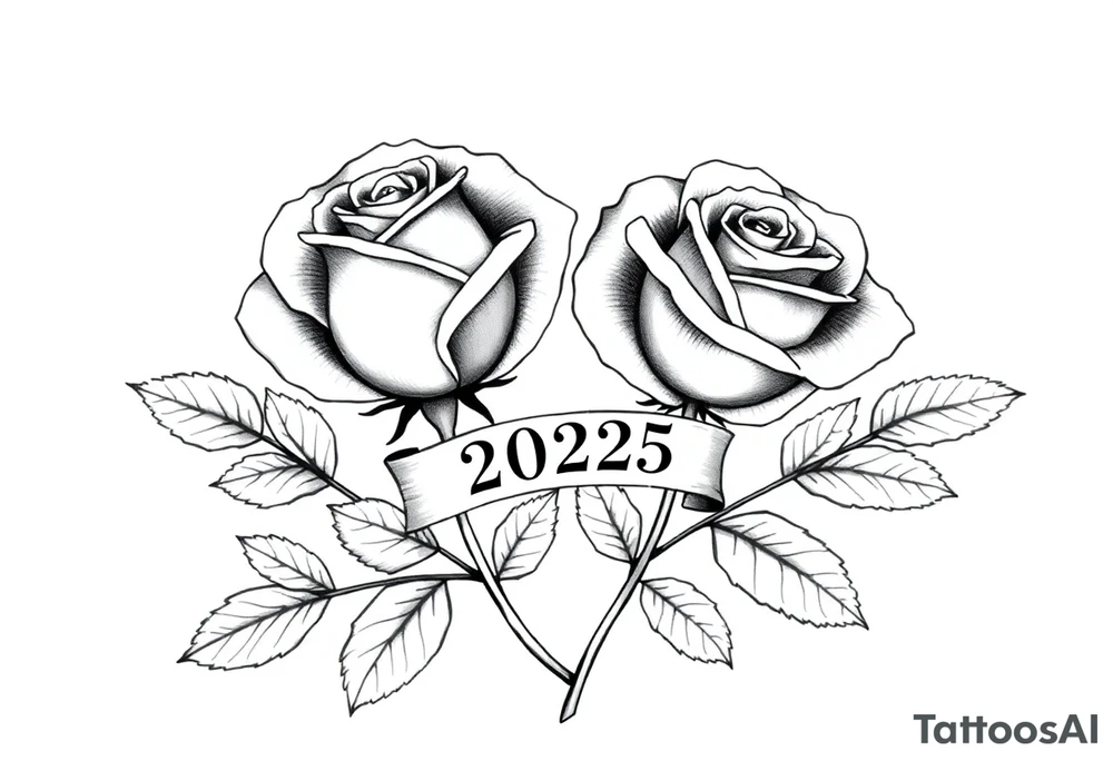 two beautiful large rose buds, one larger than the other, with many leaves next to the rose buds, with one sitting higher than the other. Include a banner connecting the two roses with the year "2025" on it.   Use dark outlines with little shading. The two stems should be short, not long, and connect and join into one stem, whimsically curved or twisted - not straight down. tattoo idea