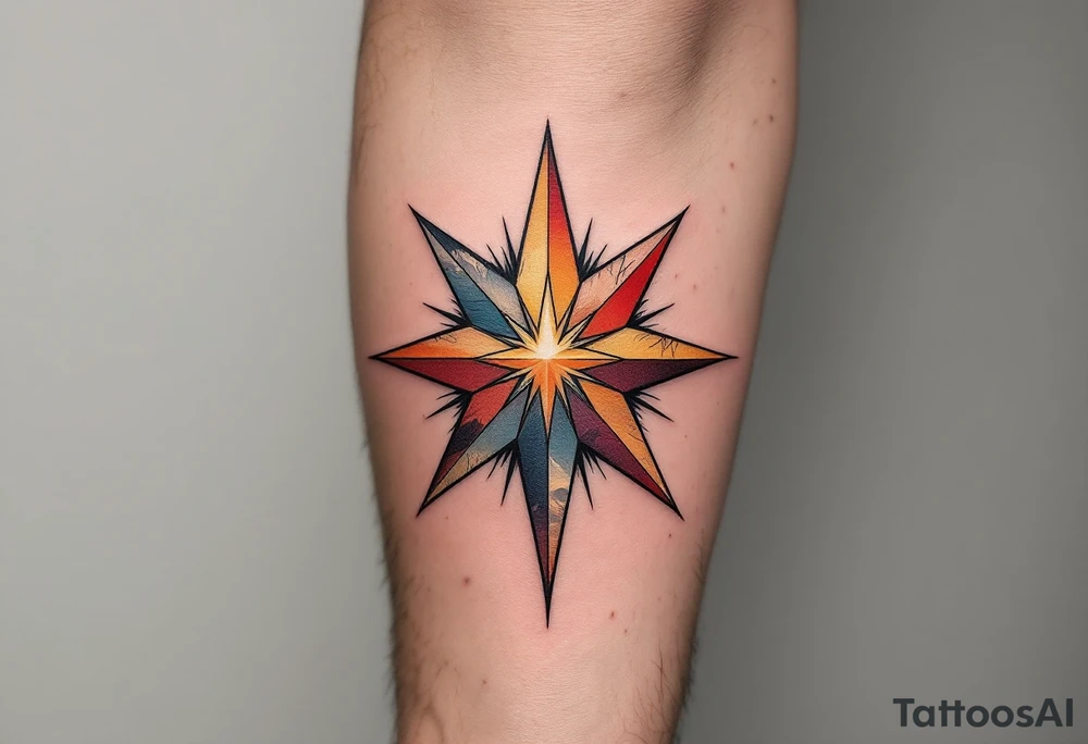 A gradient sunset-colored eight-pointed star tattoo blends warmth, energy, and vitality. tattoo idea