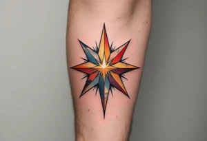 A gradient sunset-colored eight-pointed star tattoo blends warmth, energy, and vitality. tattoo idea