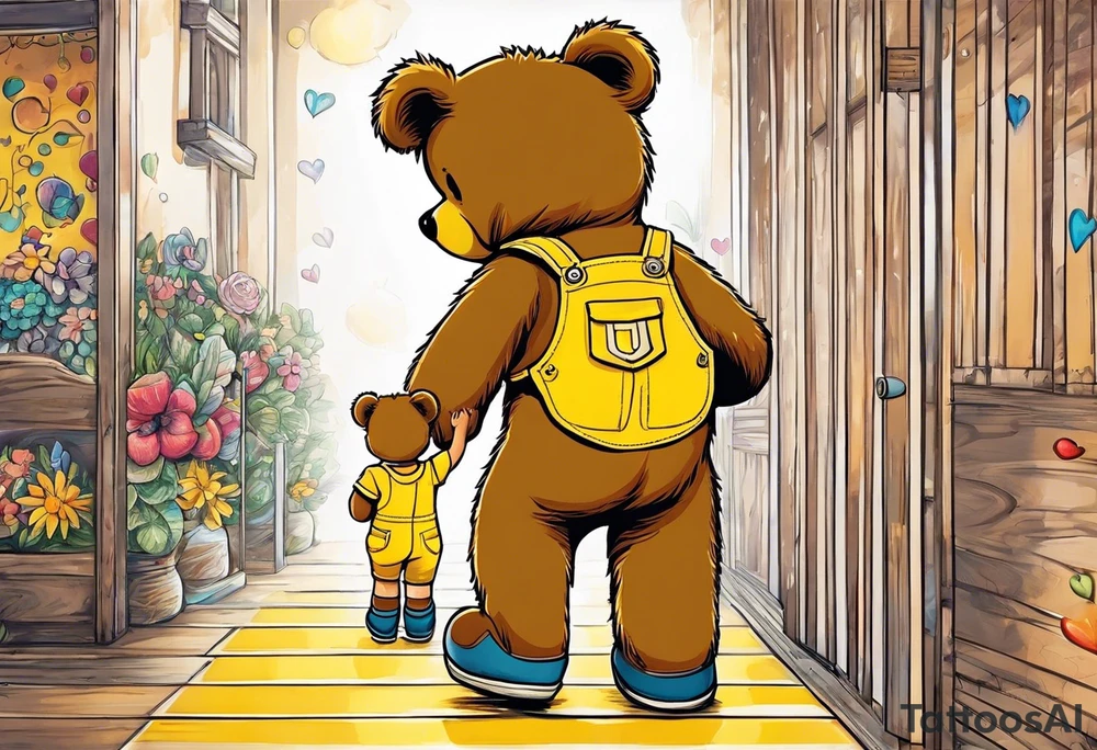 image of the back of a light brown teddy bear standing in yellow overalls, striped tank top and wearing boots and holding the hand of a little girl who is taller than him tattoo idea