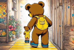 image of the back of a light brown teddy bear standing in yellow overalls, striped tank top and wearing boots and holding the hand of a little girl who is taller than him tattoo idea