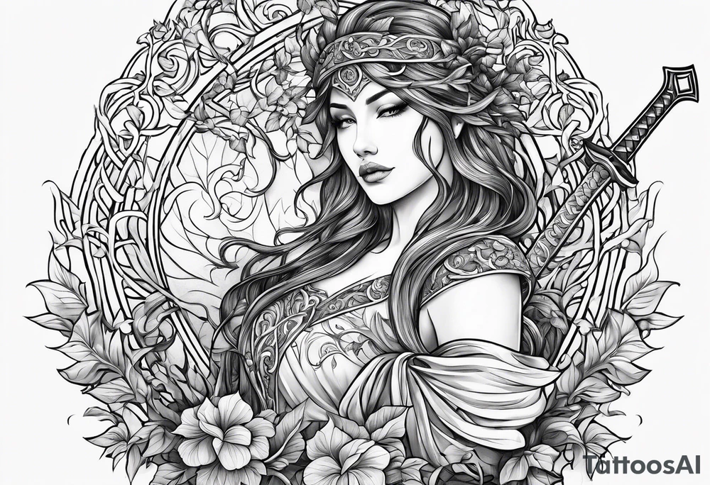 Leafy vines with sword tattoo idea