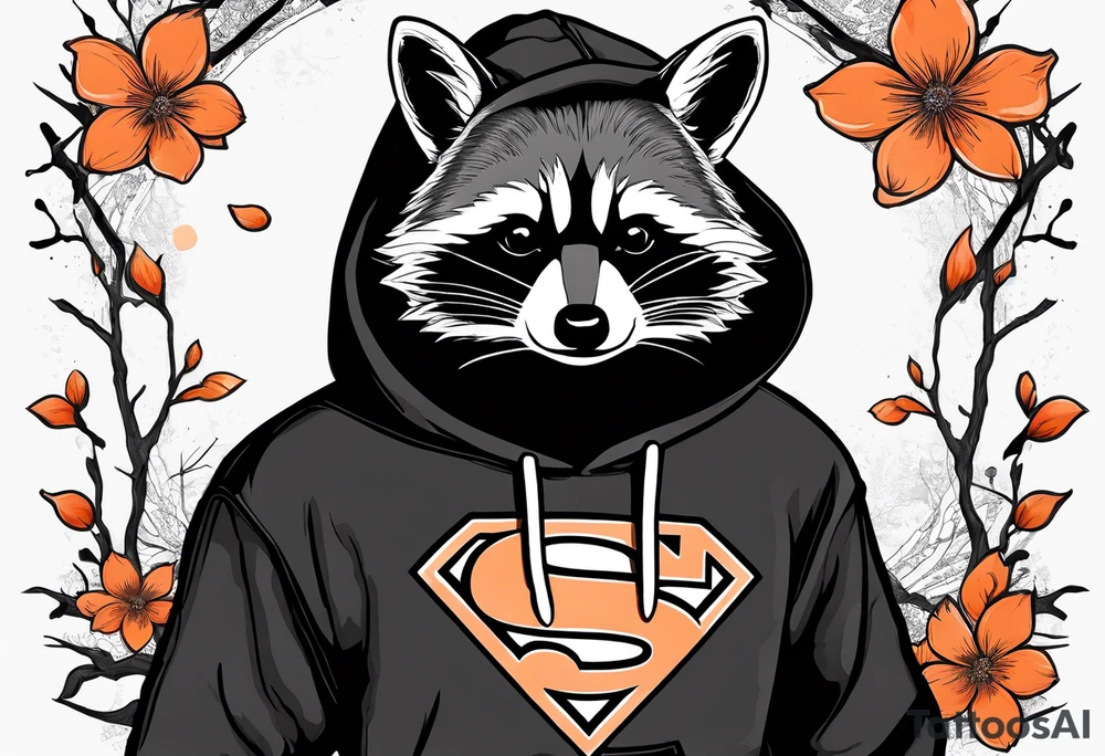 Raccoon wearing a white Superman logo on a black hoodie and orange Japanese cherry blossoms tattoo idea
