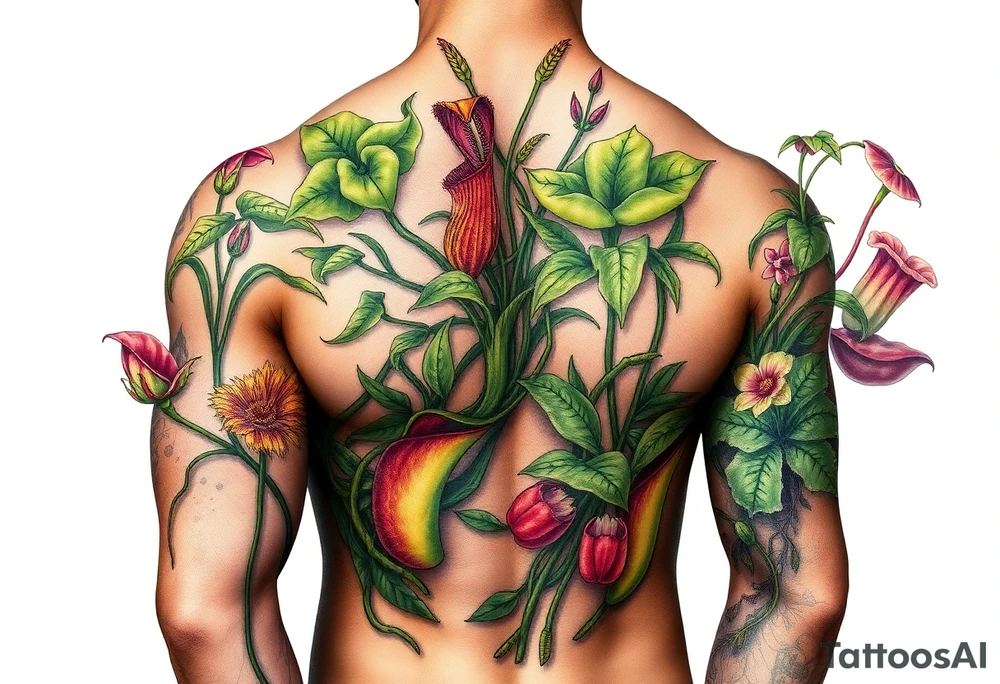 carnivorous plants neck, chest, back, and arm sleeves
I want these spots covered in these plants, ranging from venus fly traps to others
Make it masculine looking, I want it to look kinda like a plant guide book tattoo idea