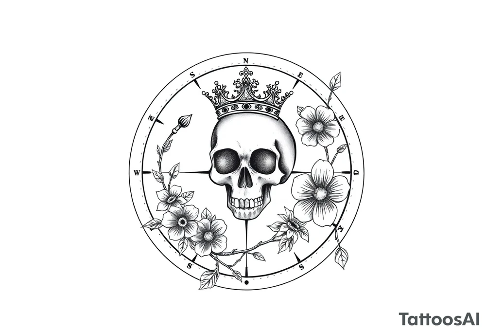 Compass with detailed beautiful gothic boho flowers on vine and skull with gorgeous crown tattoo idea