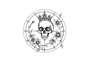 Compass with detailed beautiful gothic boho flowers on vine and skull with gorgeous crown tattoo idea
