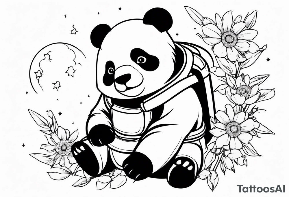Panda shaped gundam, flying over moon, falling flowers, line art tattoo idea