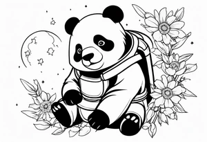 Panda shaped gundam, flying over moon, falling flowers, line art tattoo idea