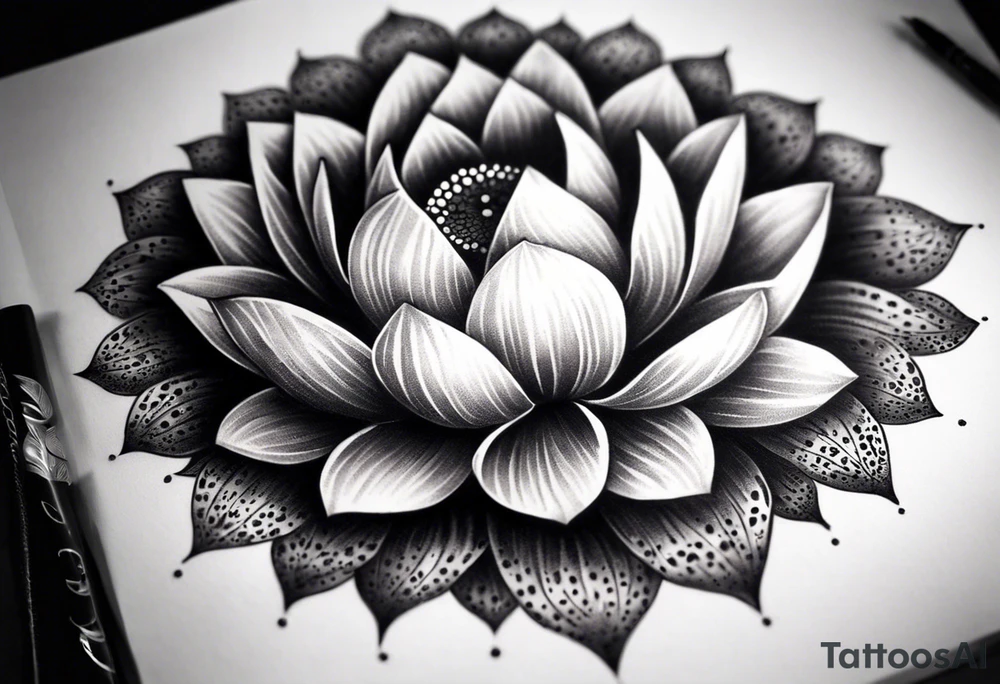 Create a Dotwork tattoo design featuring a lotus flower as the central element. The flower should have detailed, symmetrical petals with soft gradients created using dot shading. Behind the lotus, add a bold, tilted scar running diagonally, with slightly jagged edges and tapering ends. The scar should contrast subtly with the dotwork texture, appearing as a distinct yet integrated element. Use fine dots to create depth and texture while avoiding excessive linework tattoo idea
