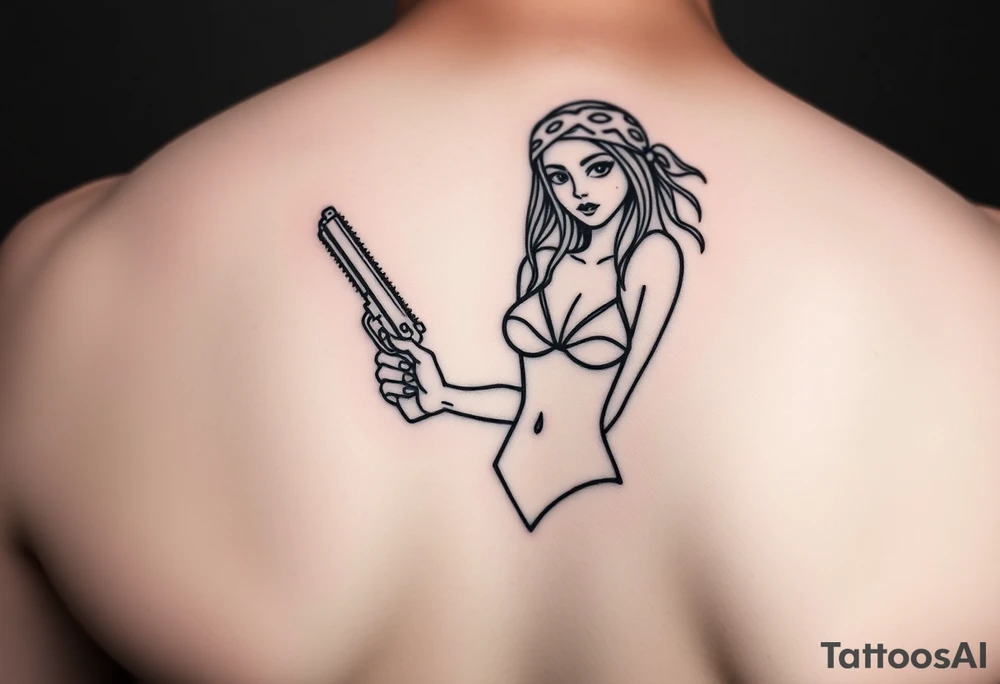 Girl wearing bandana in bikini holding gun gangster tattoo idea