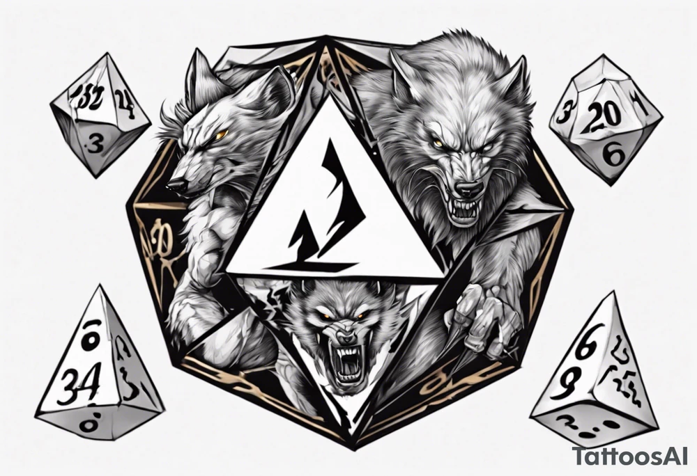 A 20 sided Dice in the center with numbers and wolverine claw marks framing the underneath of the dice and a werewolf in the background tattoo idea