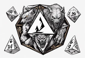A 20 sided Dice in the center with numbers and wolverine claw marks framing the underneath of the dice and a werewolf in the background tattoo idea