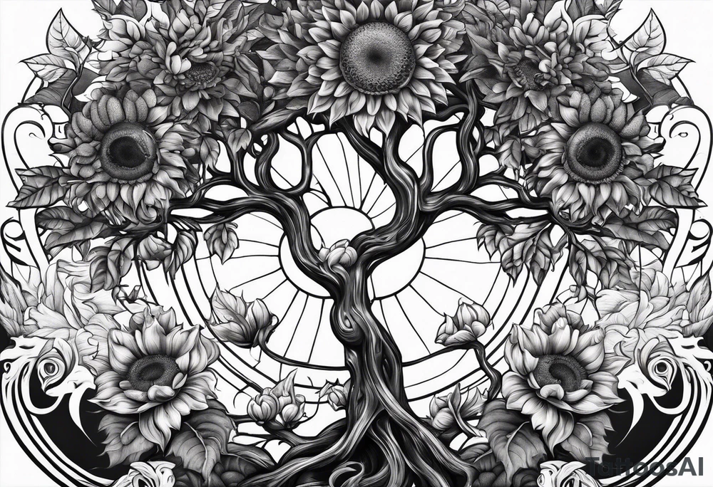 Feminine Yggdrasil tree with two sunflowers tattoo idea