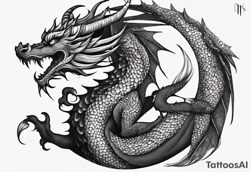 An ornate dragon breathing fire, with intricate scales and a fierce expression, symbolizing power and protection.” tattoo idea
