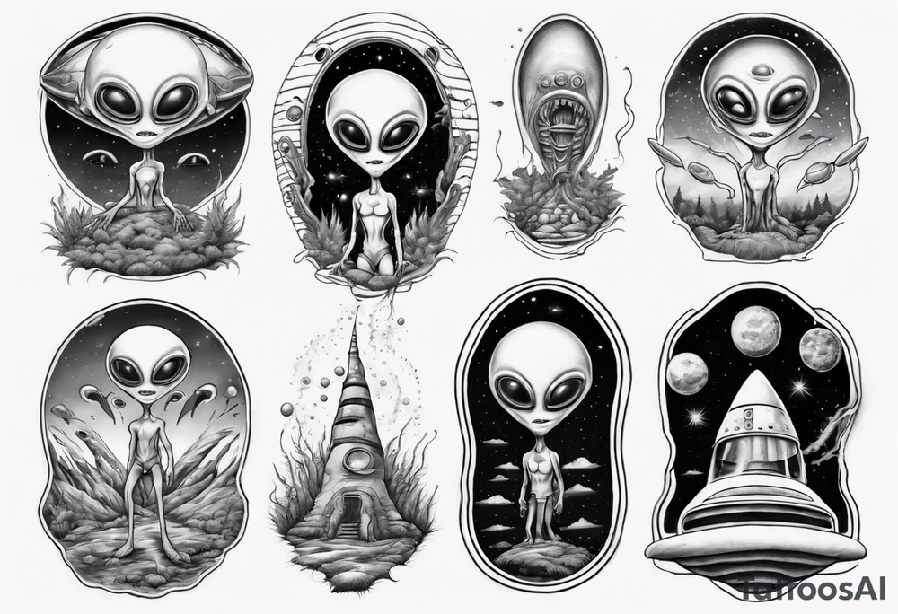 Trippy alien/ufo scene for a leg sleeve tattoo tattoo idea