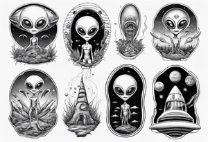 Trippy alien/ufo scene for a leg sleeve tattoo tattoo idea