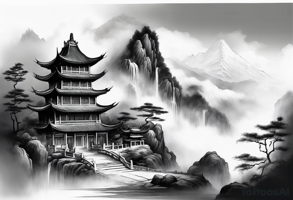 forearm sleeve traditional chinese art painting style mountains mist fog waterfall Chinese temple two figures wearing robes tattoo idea