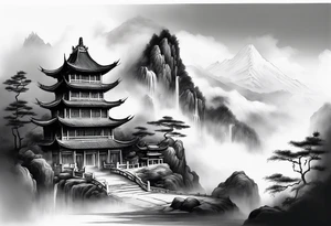 forearm sleeve traditional chinese art painting style mountains mist fog waterfall Chinese temple two figures wearing robes tattoo idea