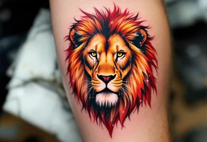 The lion’s silhouette is painted in fiery reds and oranges, with the vivid Leo star constellation mapped across its chest in white. tattoo idea