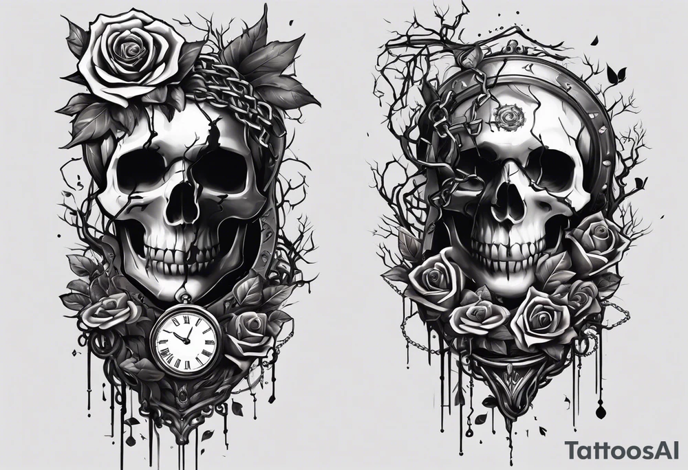 tattoo fool sleeve, tree roots break out of the chains at the bottom of the hand, broken mask, Clock with flying numbers, girl, skull, roses, less shadows tattoo idea