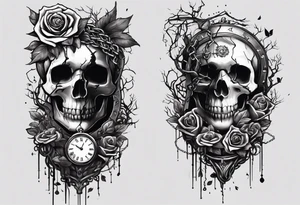 tattoo fool sleeve, tree roots break out of the chains at the bottom of the hand, broken mask, Clock with flying numbers, girl, skull, roses, less shadows tattoo idea