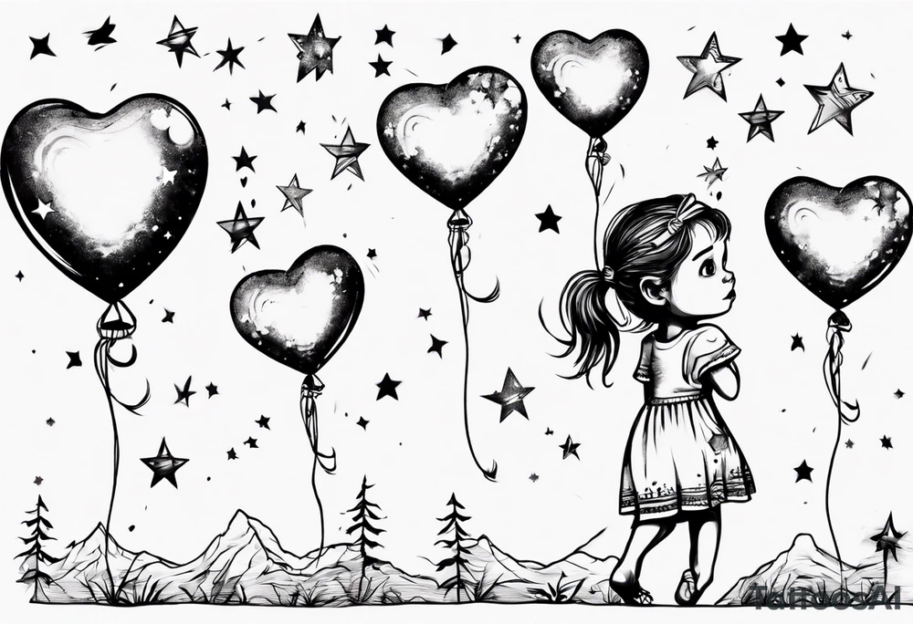 Little girl holding on to heart and star balloons and going up to the sky tattoo idea