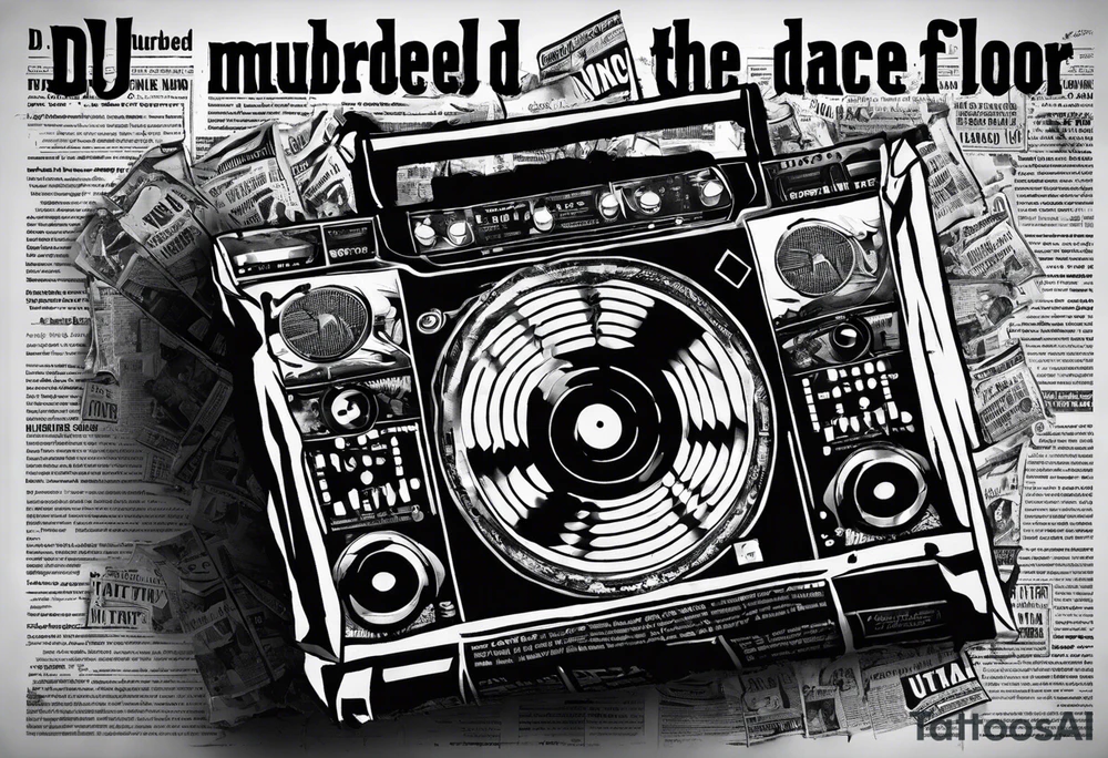 Ripped newspaper for hand with headline “dj murdered the dance floor”. Fake newspaper Article about best dj in raleigh tattoo idea