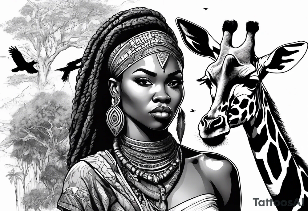 African woman warrior holding a spear with a mean look on her face with birds in the background and giraffe tattoo idea