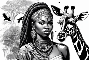 African woman warrior holding a spear with a mean look on her face with birds in the background and giraffe tattoo idea