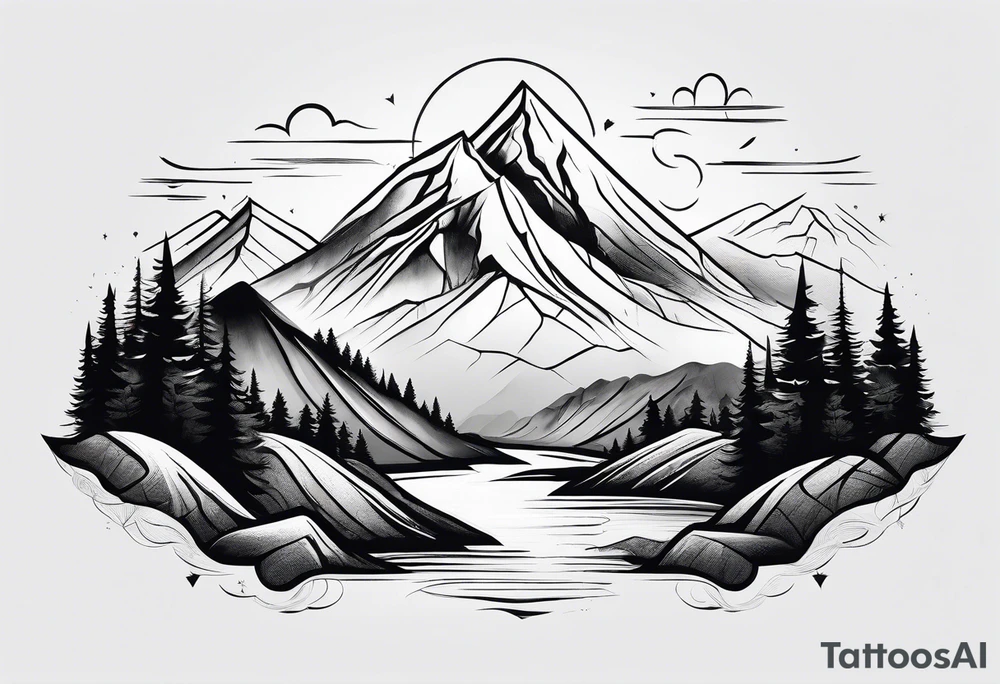 minimalistic mountain scene tattoo idea