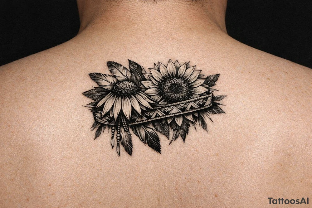 Coneflower and sunflower with feathers and female Indian headband ribboned through tattoo idea