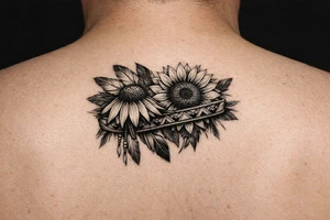 Coneflower and sunflower with feathers and female Indian headband ribboned through tattoo idea