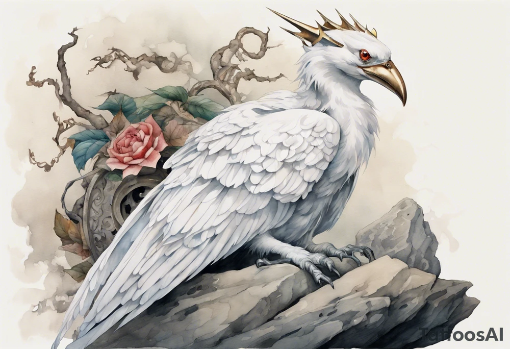 a watercolor of a white bird-serpent hybrid wearing an iron crown, perched upon a stone tattoo idea