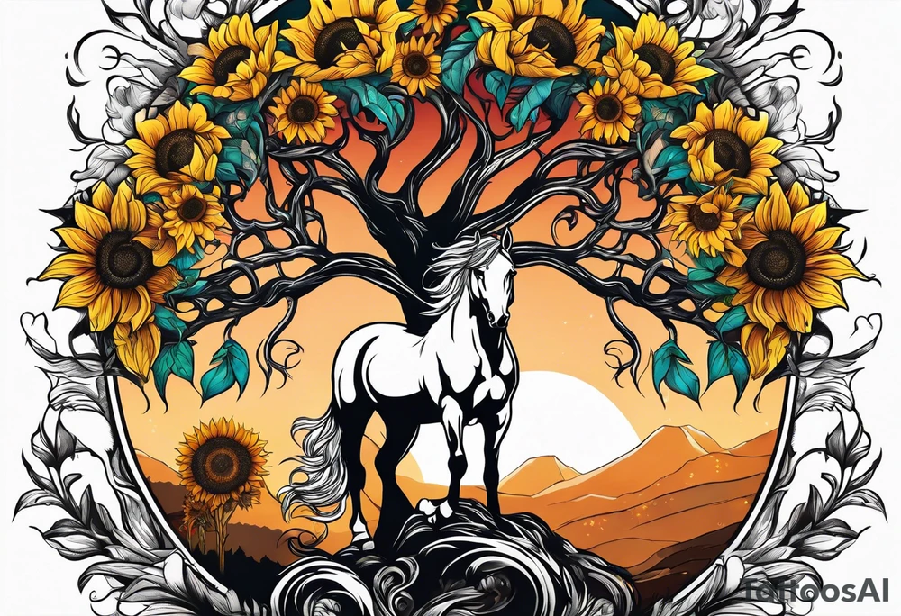 Yggdrasil tree, horse in front of it, and sunflowers tattoo idea