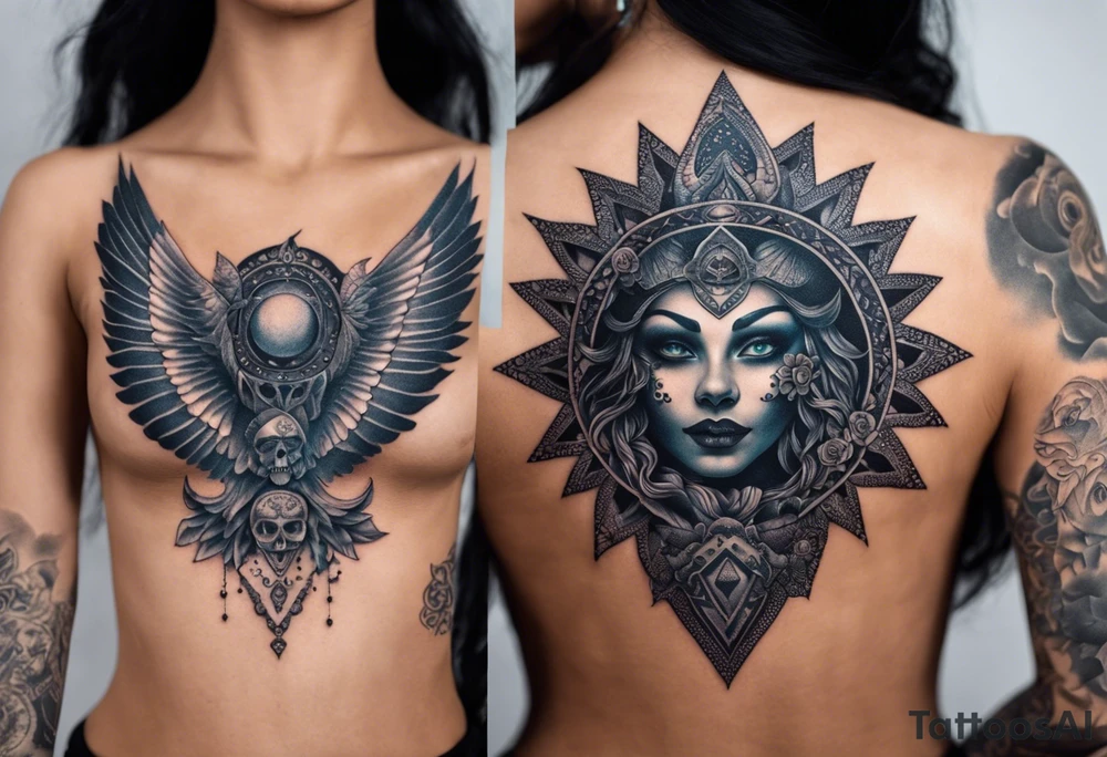 black kali, goddess pirate, alien, angel, pachamama, valkrye, warrior, flying, skull, lotus azul, wing, eagle, zenza resonance, stars, 5D, anahata chakra, death, durga, riding on a tiger, flying lady, kundalini, chest tatoo tattoo idea