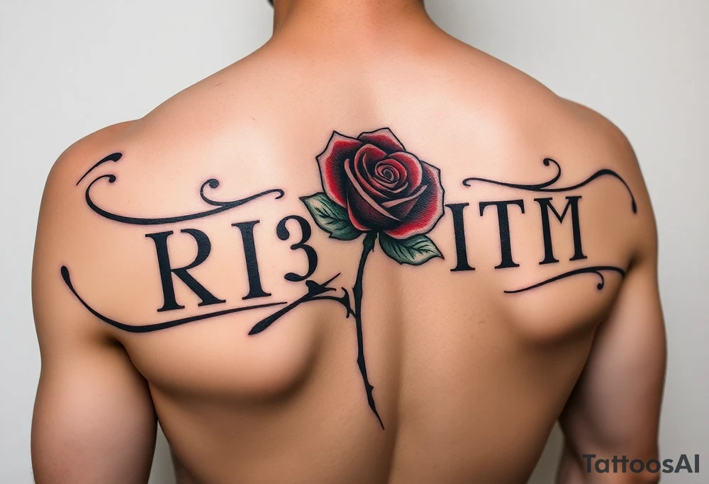 Roman numeral tattoo wrapped around your upper arm/shoulder area inked in with red rose in the background of the words tattoo idea