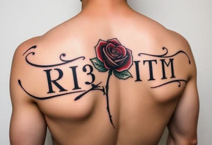 Roman numeral tattoo wrapped around your upper arm/shoulder area inked in with red rose in the background of the words tattoo idea