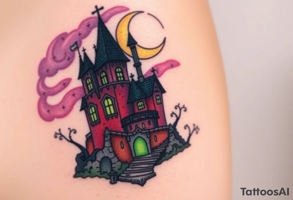 Tim Burton’s disney sleeping beauty’s haunted castle is abandoned and dripping with muted reds, dusty pinks, and eerie green glow.purple and cyan smokey clouds swirl in the crescent moonlit sky thats sprinkled with stars tattoo idea tattoo idea