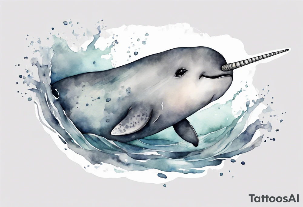 a melancholy watercolor painting of a realistic narwhal swimming in a grey ocean tattoo idea