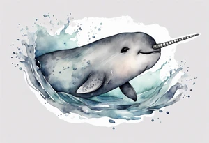 a melancholy watercolor painting of a realistic narwhal swimming in a grey ocean tattoo idea